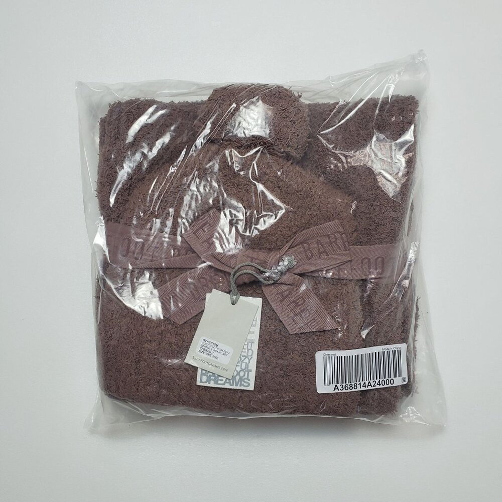 Barefoot Dreams CozyChic Pom Pom Beanie & Scarf Set Chestnut OS Warm Winter Wear - Picture 11 of 12